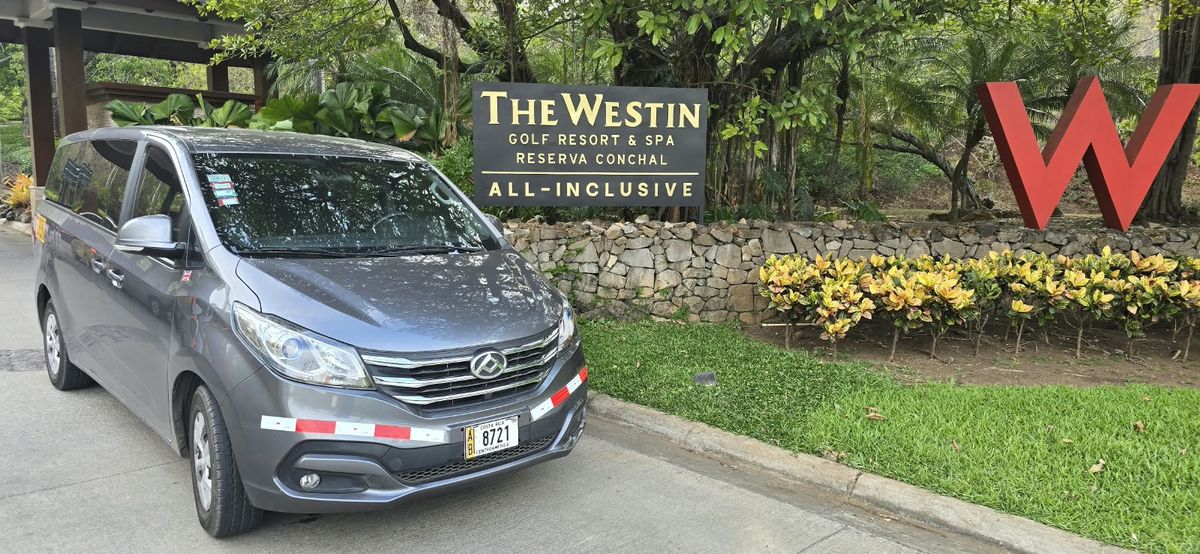 Grey minivan from our fleet at a hotel entrance